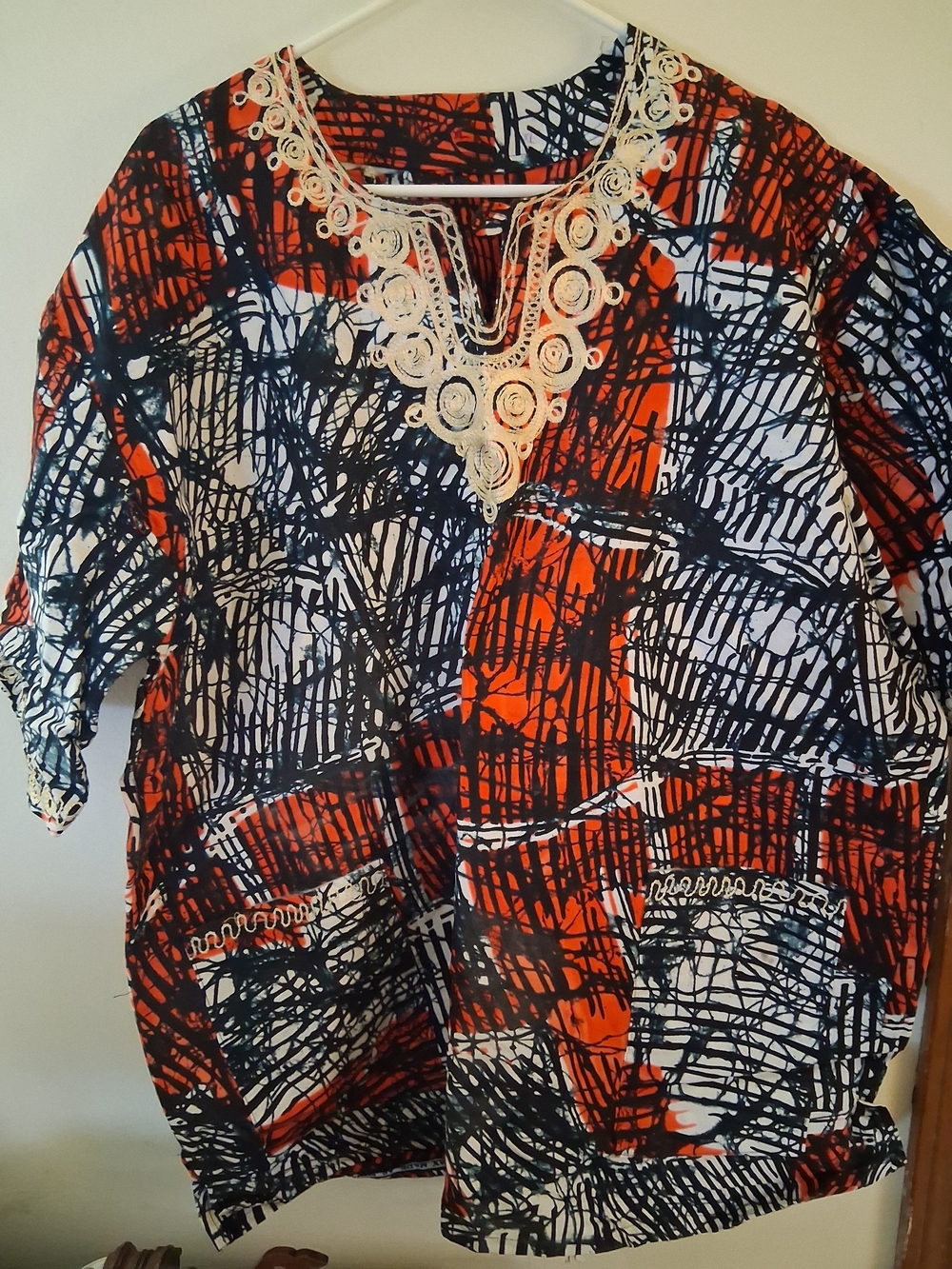 Women’s African Embroidered Tunic Top in Black, Red & White